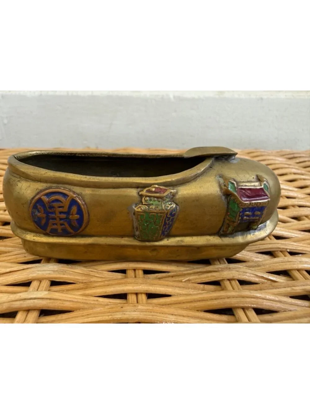 Vintage 1930s Chinese Slipper Shoe AshTray Pottery & brass with enamel